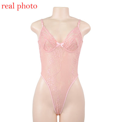 Cryptographic Neon Pink Classic Sheer Lace Bodysuit Women Sexy Backless Mesh Straps Jumpsuit High-Cut Body Suits Thong Hot Sale