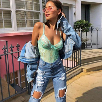 Cryptographic Neon Pink Classic Sheer Lace Bodysuit Women Sexy Backless Mesh Straps Jumpsuit High-Cut Body Suits Thong Hot Sale