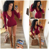 2019 Women Sexy V Neck Cotton Bodysuit Long Sleeve Romper Autumn Clothing Wear Sexy Slim Short Cotton Knitted Bodycon Jumpsuit