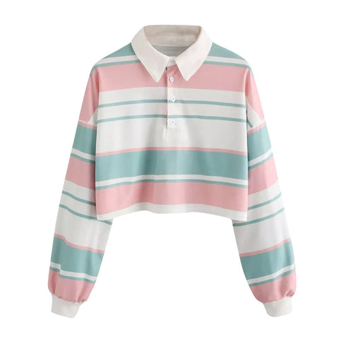 NEW Autumn 2018 Sweatshirts Women Crop Tops Striped Long Sleeve Turn Down CollarTops and Blouses Harajuku Kawaii Sweatshirts