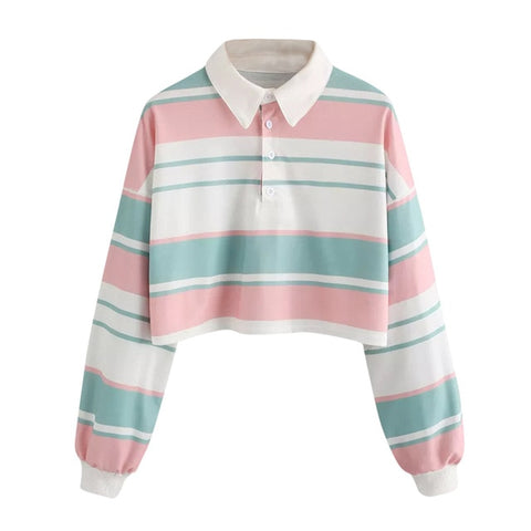NEW Autumn 2018 Sweatshirts Women Crop Tops Striped Long Sleeve Turn Down CollarTops and Blouses Harajuku Kawaii Sweatshirts