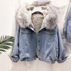 2019 velvet thick denim jacket female winter big faux fur collar Korea denimcoat female student short coat