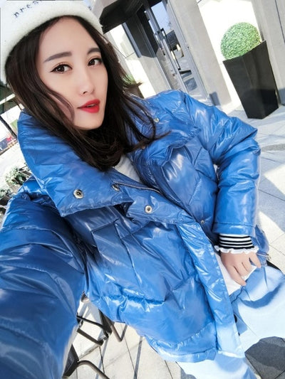 2019 Glossy Winter Down Cotton Padded Jacket For Women Thick Bright Black Short Shiny Jacket Yellow Red Cotton Parkas AS809
