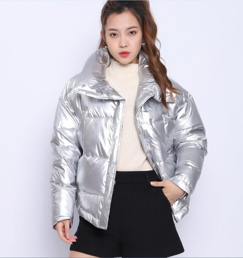2019 Glossy Winter Down Cotton Padded Jacket For Women Thick Bright Black Short Shiny Jacket Yellow Red Cotton Parkas AS809