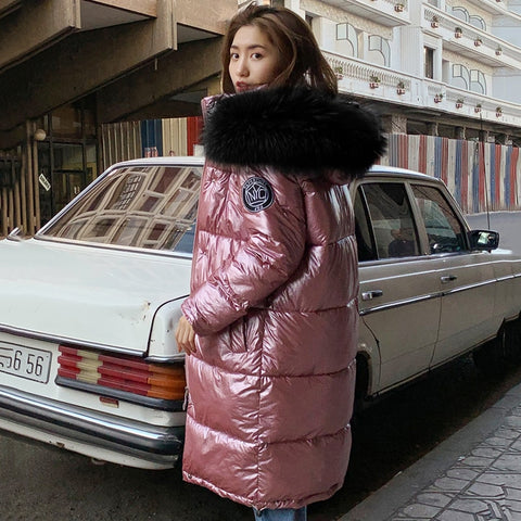 High Quality Winter Jacket Women Warm Thicken Hooded With Fur Long Coat Shining Fabric Stylish Female Parka