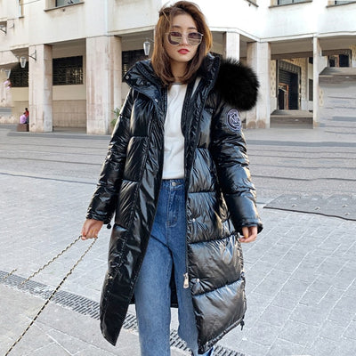 High Quality Winter Jacket Women Warm Thicken Hooded With Fur Long Coat Shining Fabric Stylish Female Parka