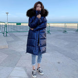 High Quality Winter Jacket Women Warm Thicken Hooded With Fur Long Coat Shining Fabric Stylish Female Parka