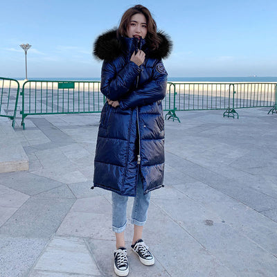 High Quality Winter Jacket Women Warm Thicken Hooded With Fur Long Coat Shining Fabric Stylish Female Parka