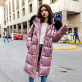 High Quality Winter Jacket Women Warm Thicken Hooded With Fur Long Coat Shining Fabric Stylish Female Parka