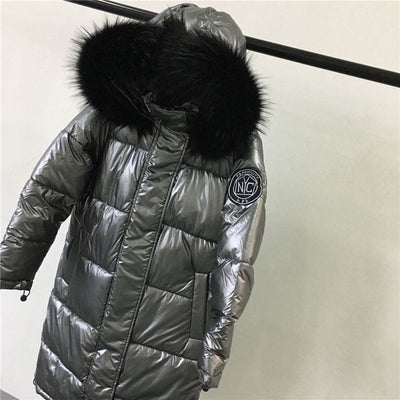 High Quality Winter Jacket Women Warm Thicken Hooded With Fur Long Coat Shining Fabric Stylish Female Parka