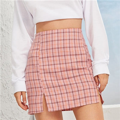 SHEIN Plaid Side Slit Bodycon Mini Skirt Women Bottoms 2019 Autumn Streetwear Casual A Line Basic Ladies Sheath Skirts