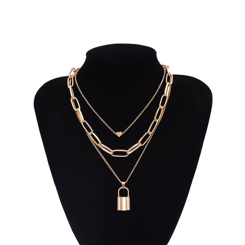 Ingemark Multi Layer Lover Lock Pendant Choker Necklace Steampunk Padlock Heart Chain Necklace Collier Best Couple Jewelry Gift
