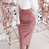 Shevan Midi High Waist Suede Skirt 2019 Winter Elegant Fashion Slim Bodycon Back Slit Brown Green Pink Sexy Pencil Skirt Women