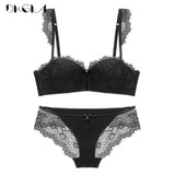 New Fashion Green Brassiere Deep V Push Up Bra Set Thick Cotton A B C Cup Women Bras Lingerie Set Lace Sexy Underwear Black