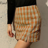 Forefair Mini Plaid Print Skirt Women Pencil Bodycon Split Summer Casual High Waist Short Harajuku Skirt Ladies Kawaii
