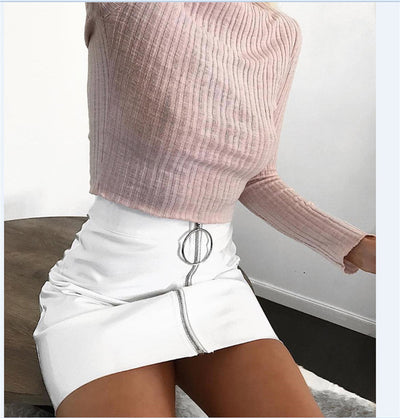 Women Fashion High Waist Skirt Sexy Zip Faux Leather Short Pencil Bodycon Mini Skirt 2019 New Solid White Skirt