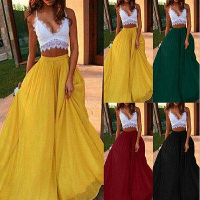 Spring and summer autumn chiffon cool skirt women's elastic waist double anti-going ladies long solid color elegant skirt
