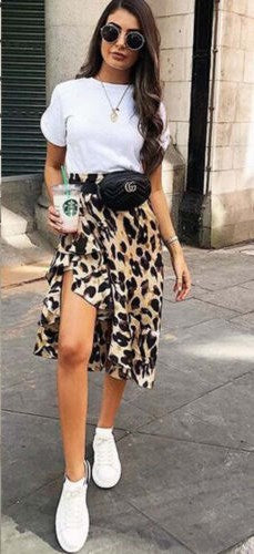 Women High Waisted Stretch Leopard Skirt